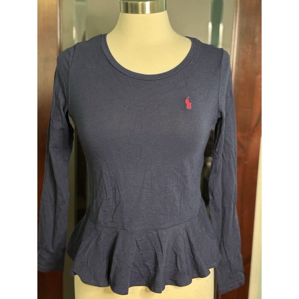 New Girls Polo Ralph Lauren Navy Blue Long Sleeve Peplum Logo shirt XL 16